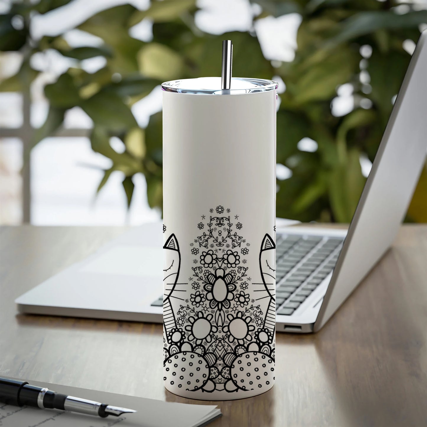 Black in white doodle art cat and birds Printed 750ML with Lid Leak Proof Travel Tumbler with Straw