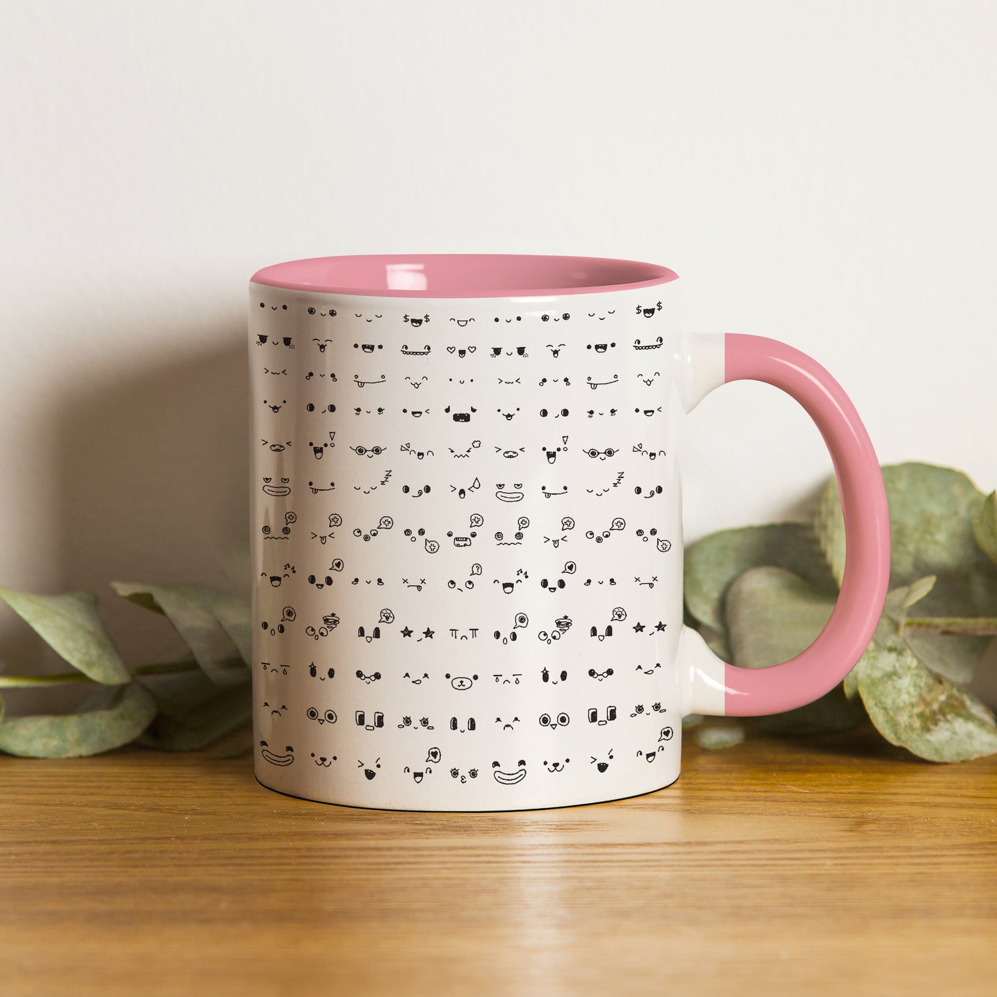 Kawaii faces doodle art design Pattern Lite Pink Handle 330 ml Coffee Mug