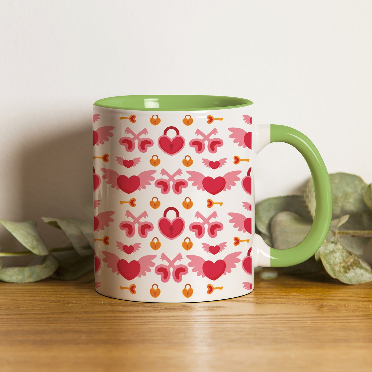 red seamless love element pattern design (2) Pattern Lite Green Handle 330 ml Coffee Mug
