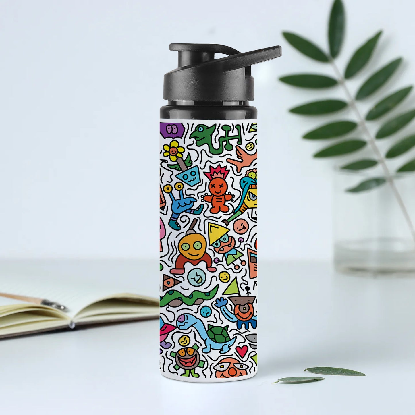 Cute colorful doodle pattern Printed Eagle Shape Water Bottle 750 ml For Gym, Yoga, Kids, Boys, Girls, Brother, Sister, Babies, Baby, Workout, Adults
