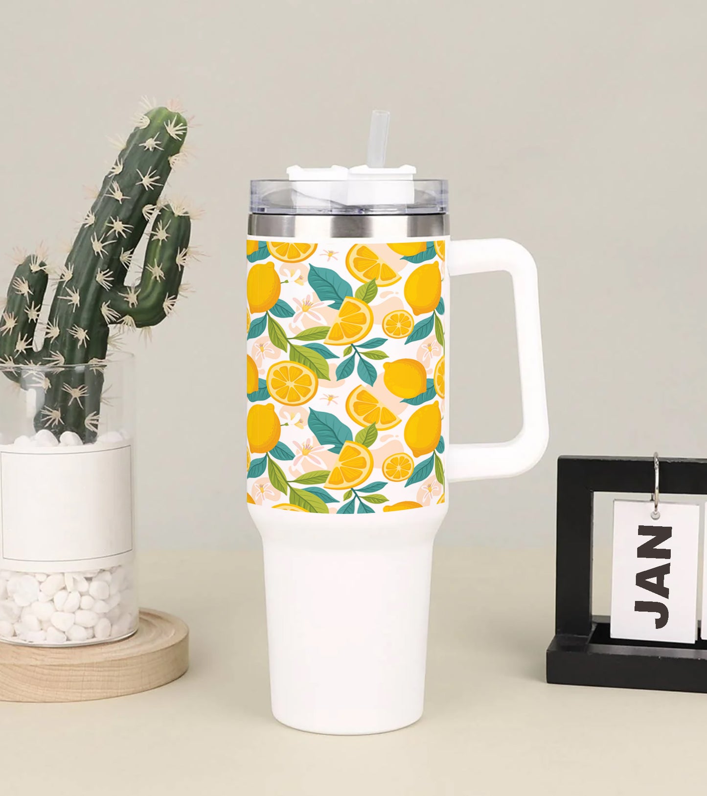 Hand drawn fruit and floral design Printed 850ML with Lid Leak Proof Big Travel Tumbler with Handle and Straw