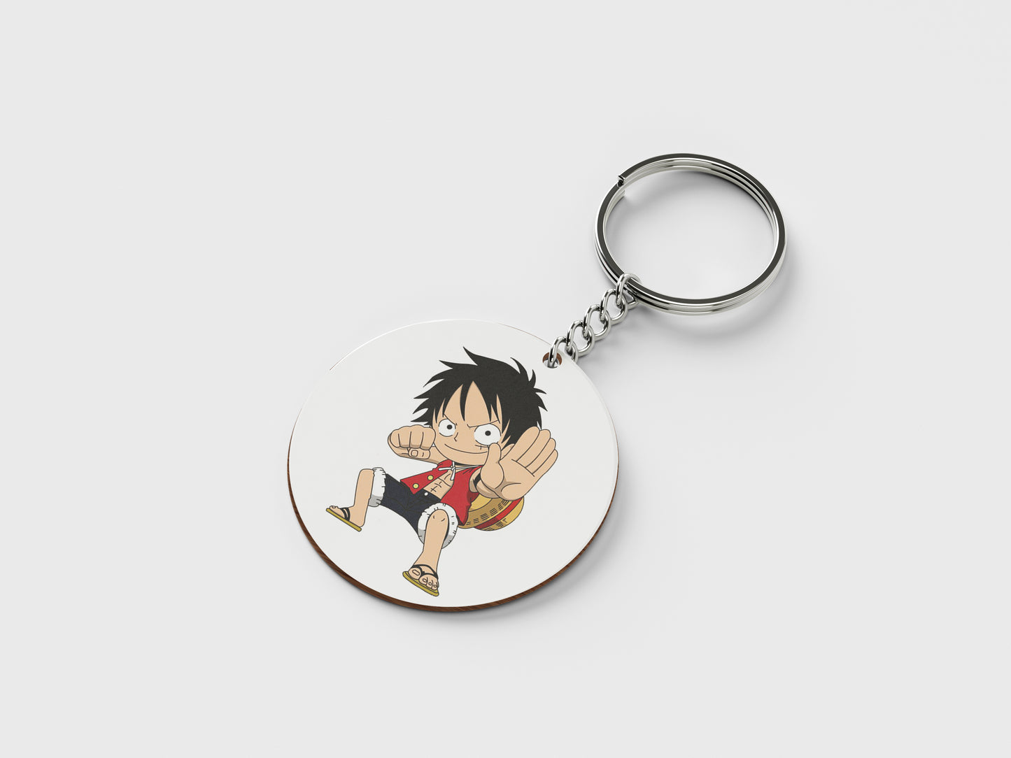 Child Monkey D Luffy Sticker Design Printed Circle Shape Wooden Keyring with Chain