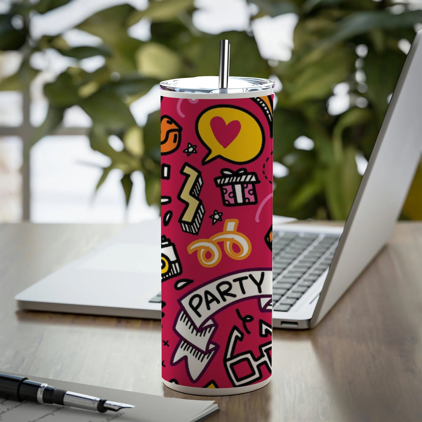 Set of Party illustration Hand drawn doodle Sketch line Printed 750ML with Lid Leak Proof Travel Tumbler with Straw