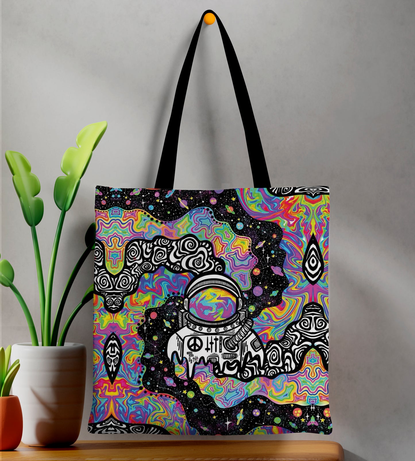 Trippy Astronaut Art Printed Black Handle Tote Bag (14 X 16 Inches) For Shopping, College, Travel