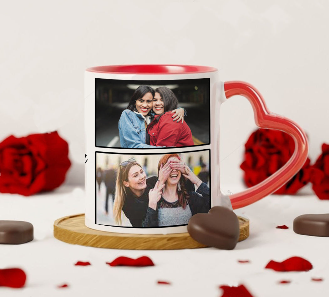Friend forever customized add four photos red heart handle 330 ml Coffee Mug