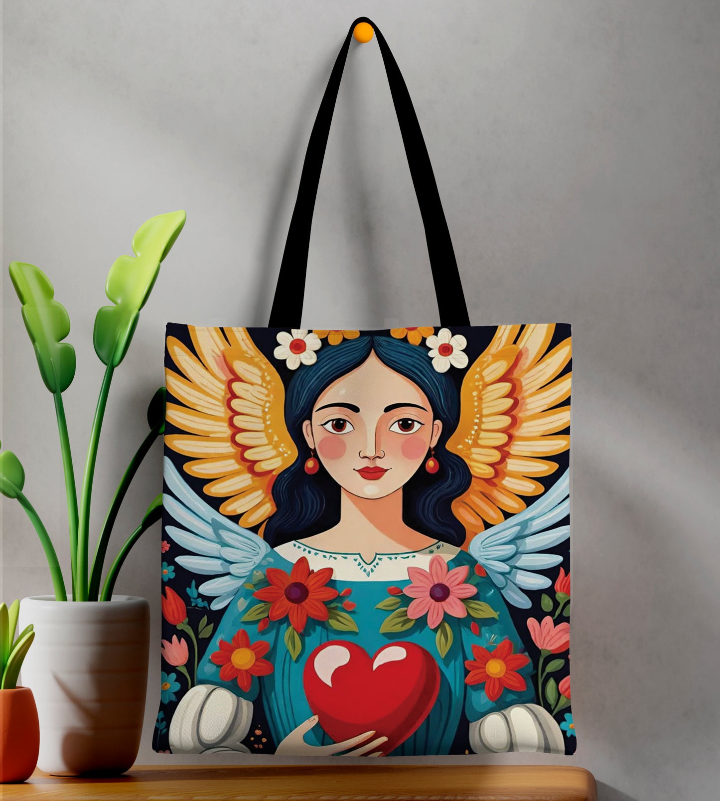 Fairy Queen Pattern Printed Black Handle Tote Bag (14 X 16 Inches) For Shopping, College, Travel