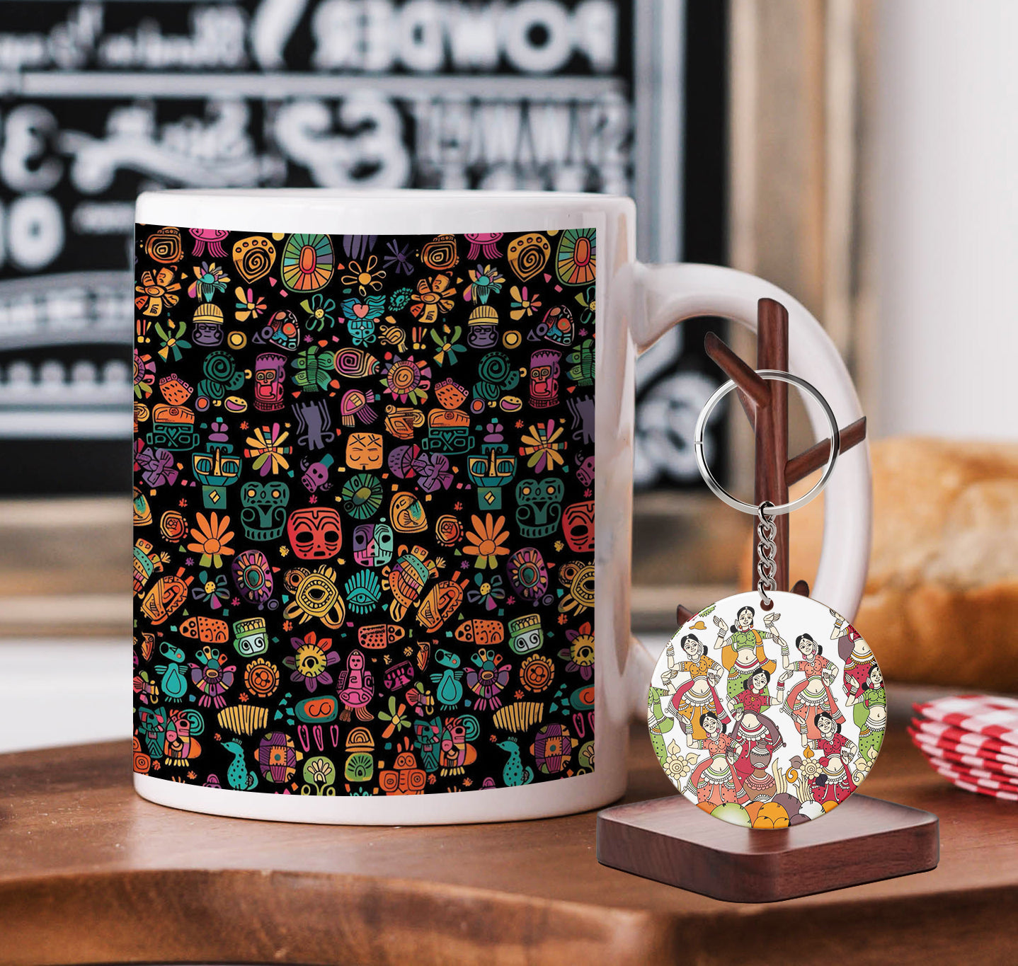 Colorful Monsters Design Mug and Keychain Combo 330 ml Coffee Mug