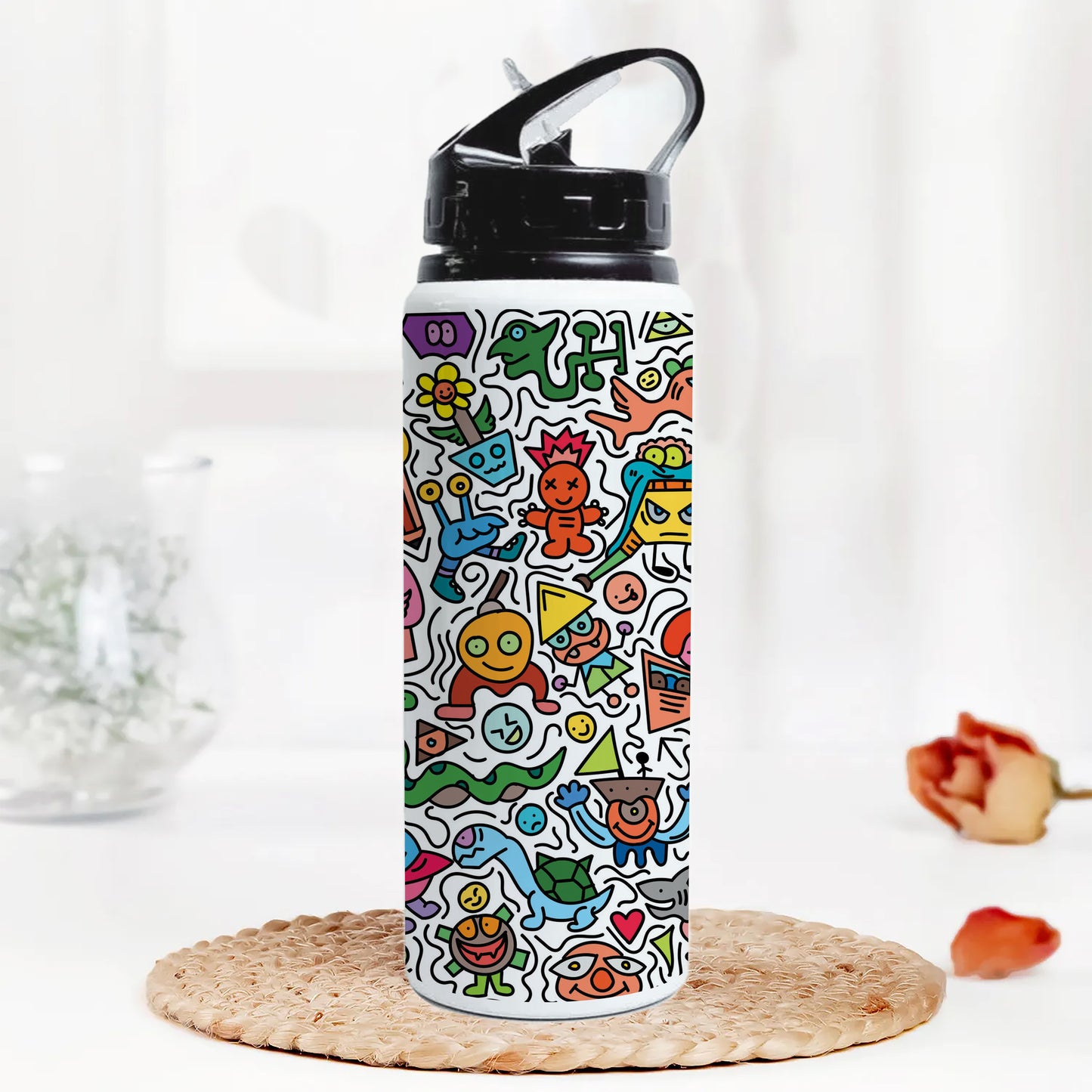 Cute colorfull doodle pattern Printed Black Nozzle Water Bottle 750 ml For Gym, Yoga, Kids, Boys, Girls, Brother, Sister, Babies, Baby, Workout, Adults
