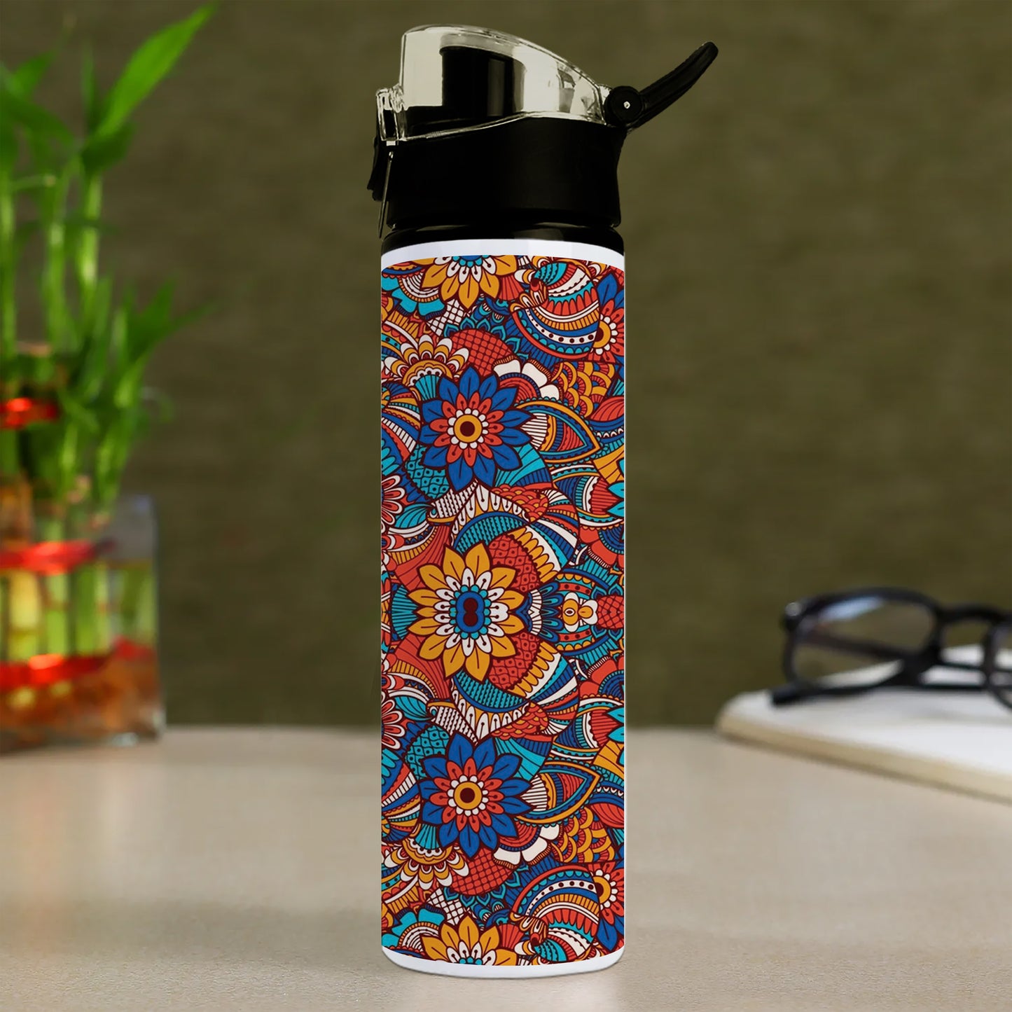 Hand drawn floral elements colorful ethnic seamless pattern Printed Flip Flop Water Bottle 750 ml For Gym, Yoga, Kids, Boys, Girls, Brother, Sister, Babies, Baby, Workout, Adults
