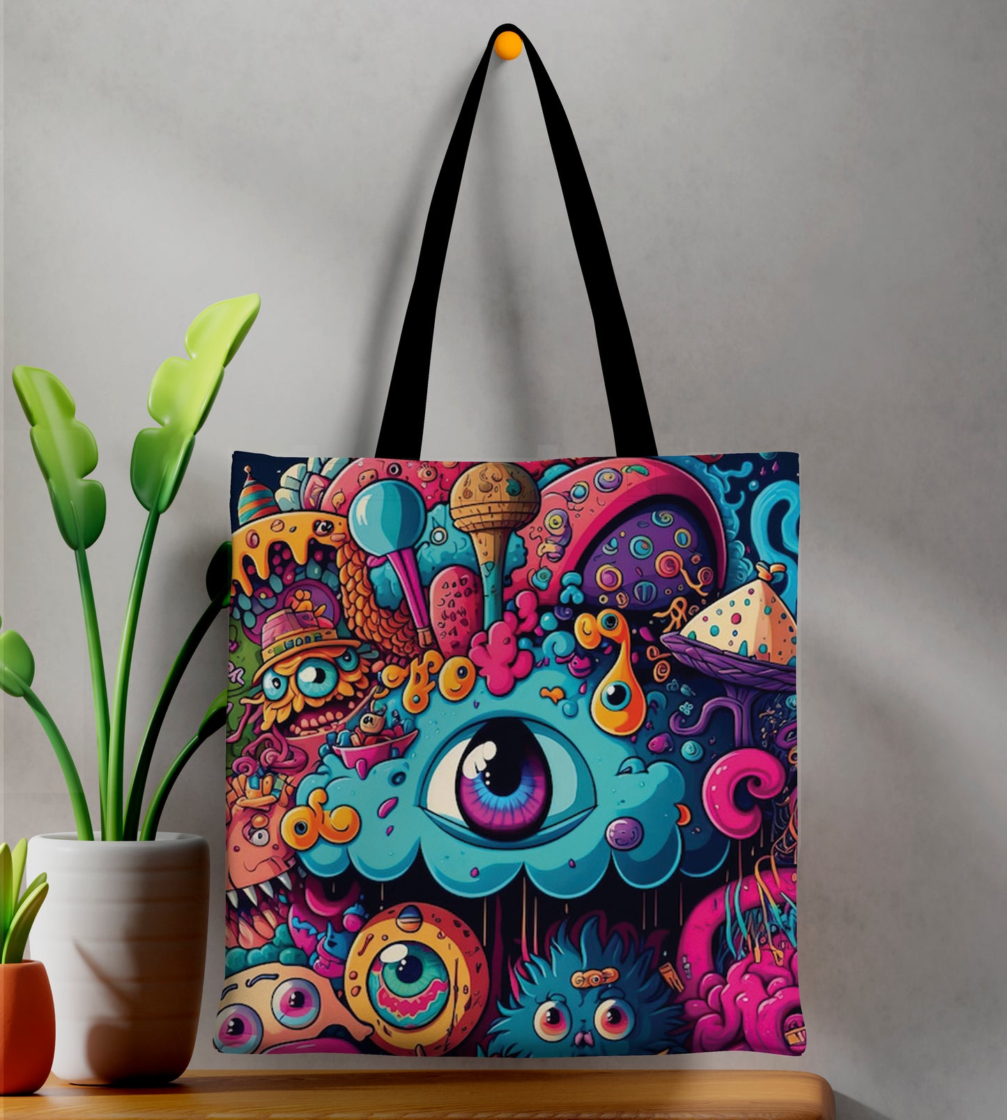 Abstract Neon Cartoon Art Printed Black Handle Tote Bag (14 X 16 Inches) For Shopping, College, Travel