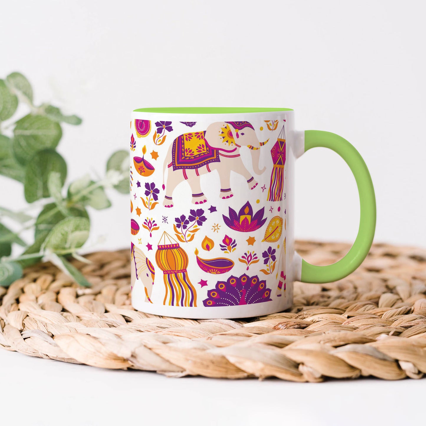 Happy diwali vector elements seamless pattern design Light Green Handle 330 ml Coffee Mug