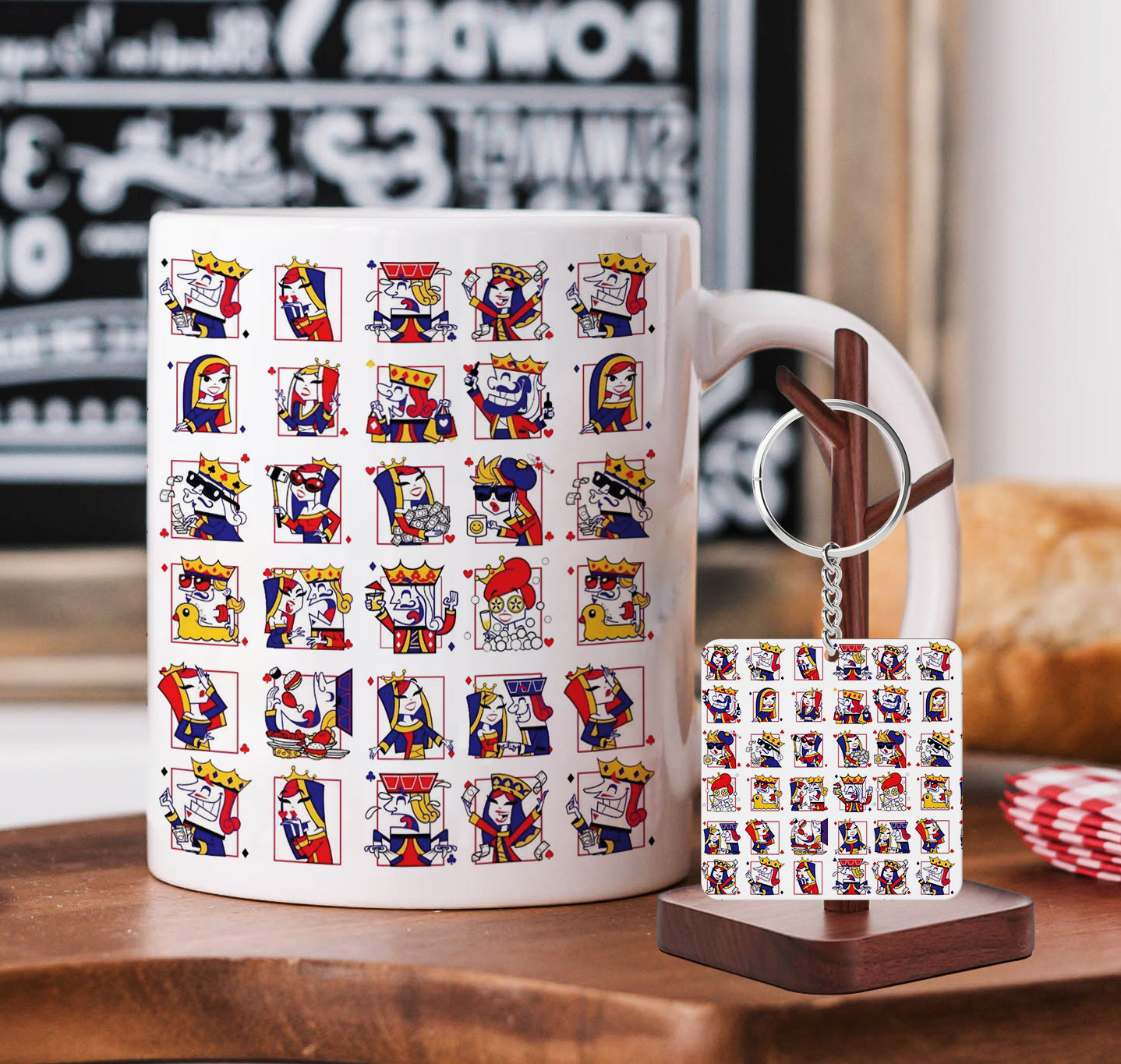 King and Queen Faces Pattern Printed 330 ml White Coffee Mug with Square Shape Wooden Keyring and Chain