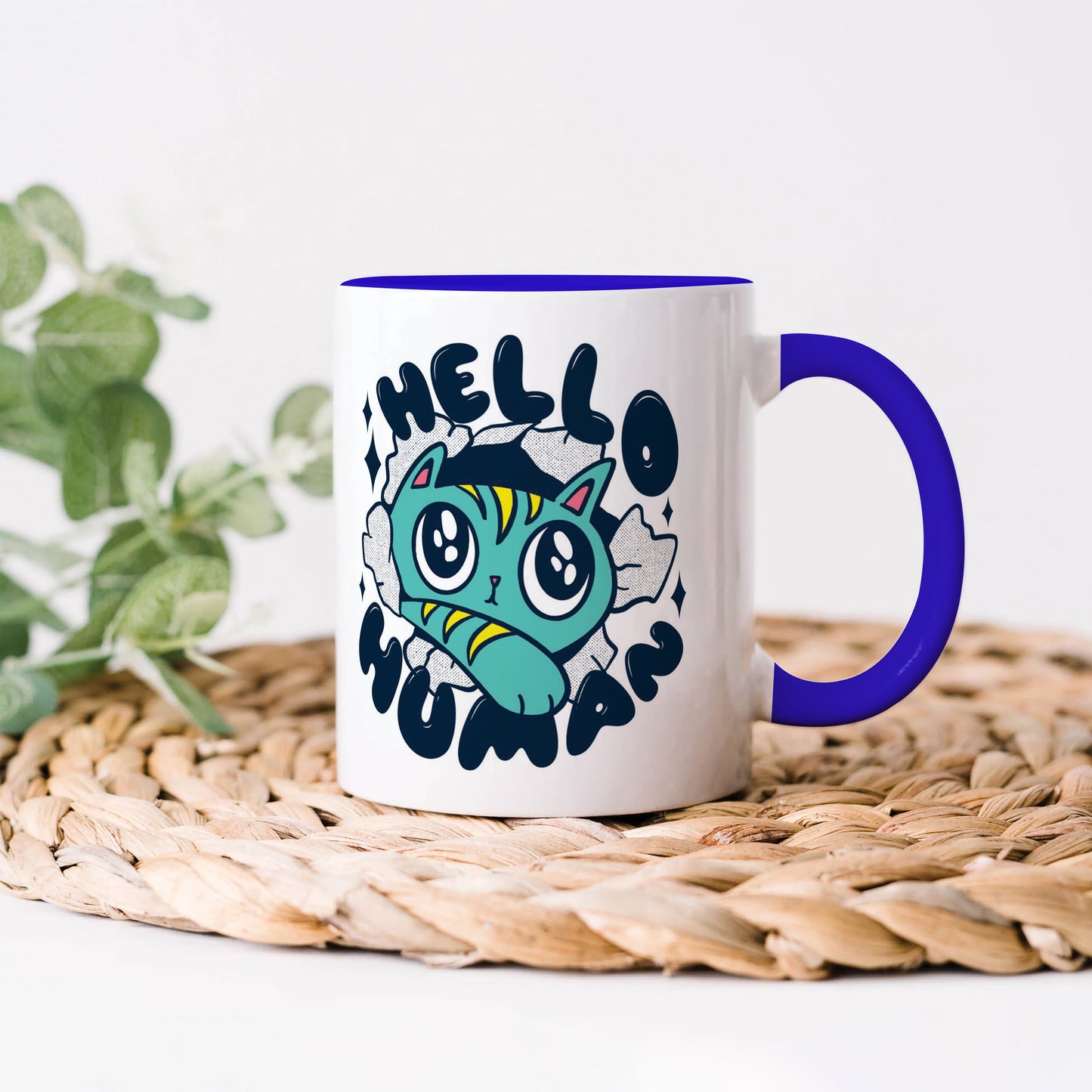 Cute Cat saying Hello Human design Dark Blue Handle 330 ml Coffee Mug