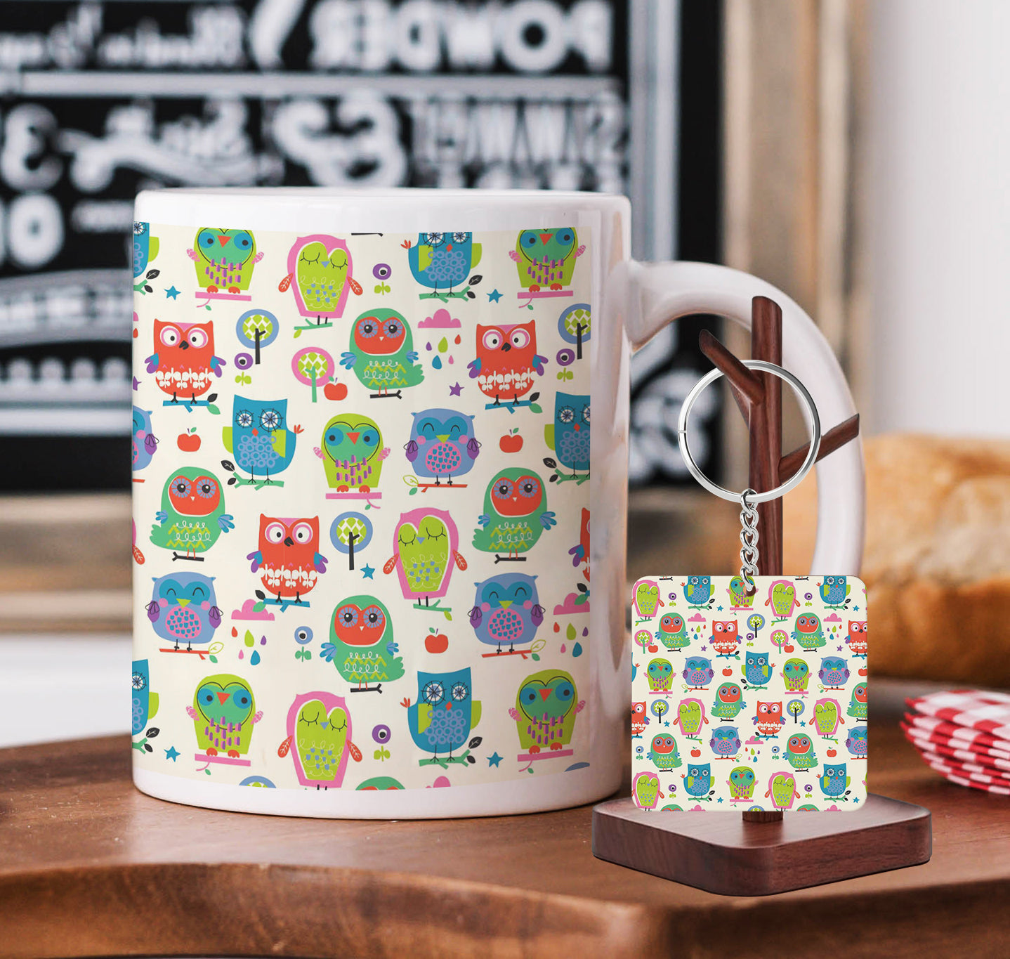 Owl Pattern Printed 330 ml White Coffee Mug with Square Shape Wooden Keyring and Chain