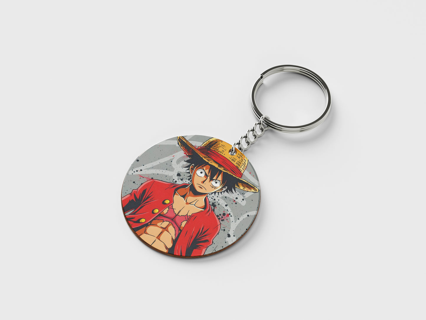 Tableau One Piece - Luffy Portrait - Decoration Morale Design Printed Circle Shape Wooden Keyring with Chain