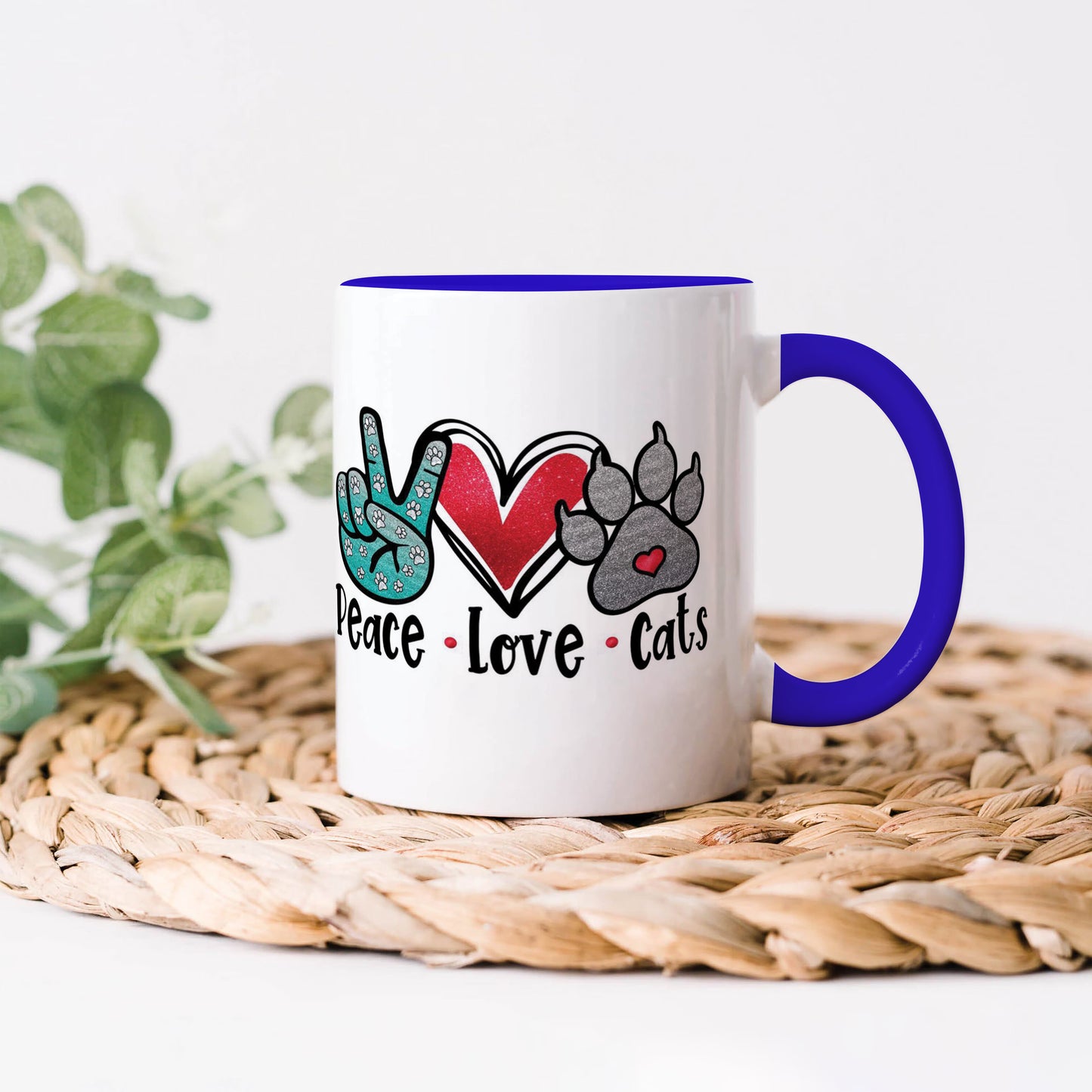 Peace Love cats design Dark Blue Handle 330 ml Coffee Mug