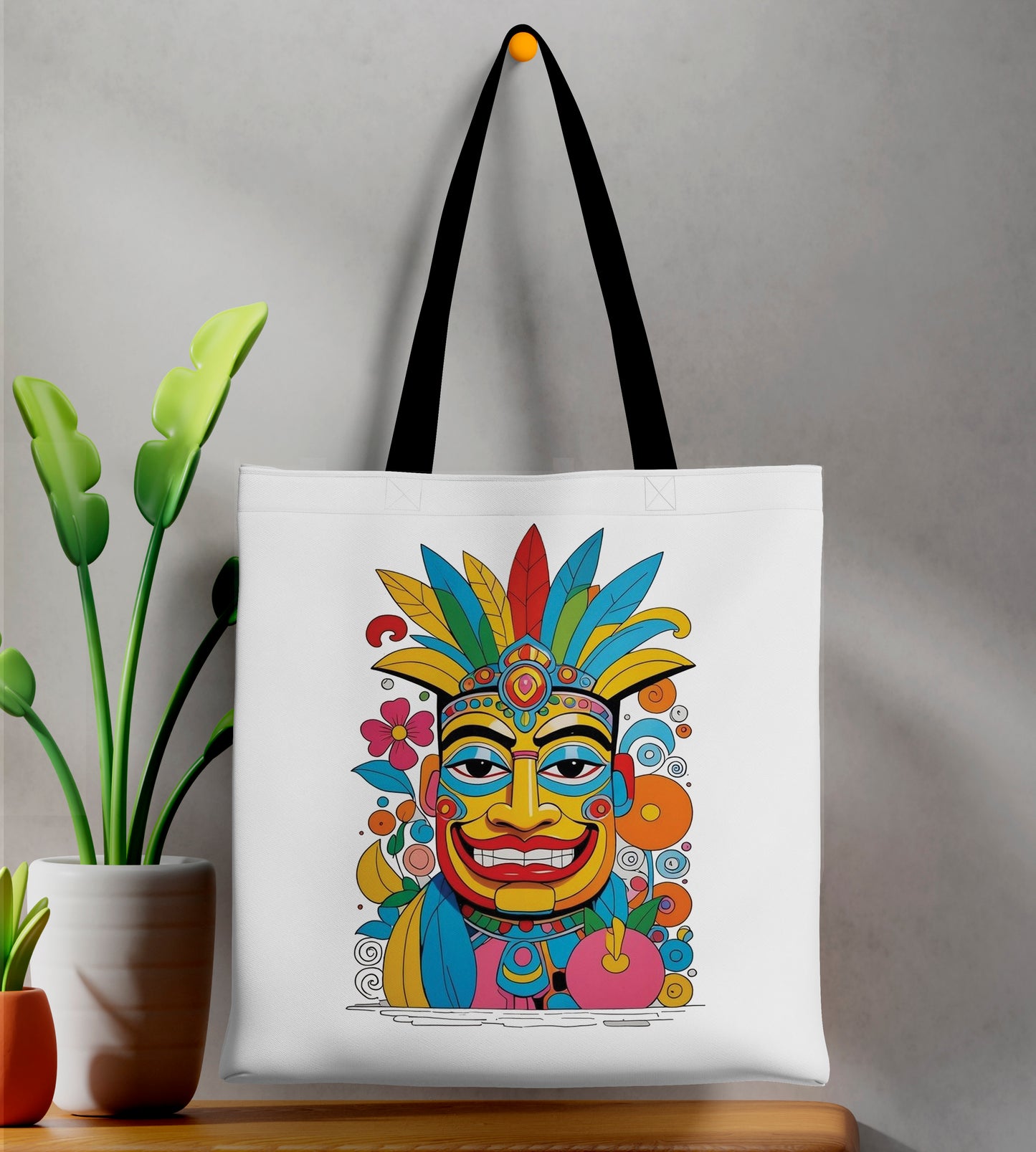 Tiki Tribal Mask Hawaiian Art Design Printed Black Handle Tote Bag (14 X 16 Inches) For Shopping, College, Travel