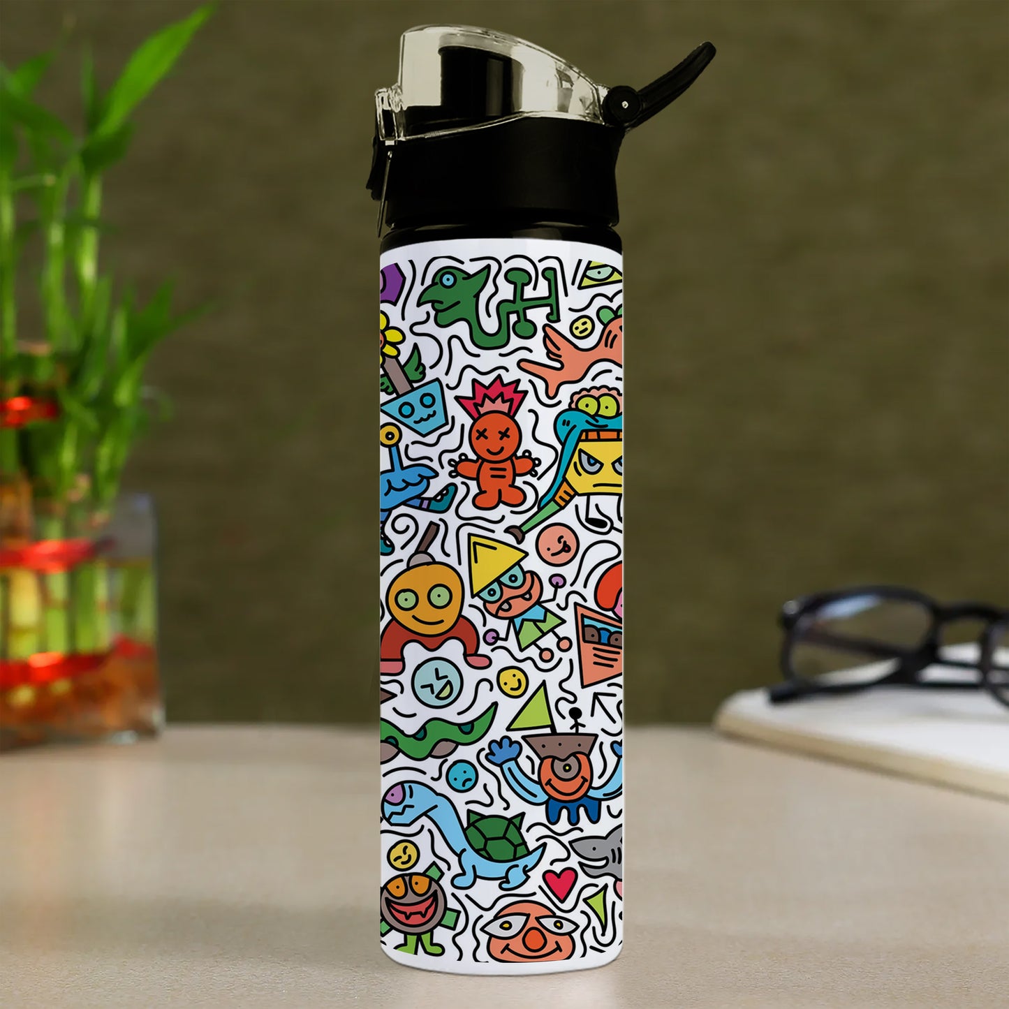 Cute colorful doodle pattern Printed Flip Flop Water Bottle 750 ml For Gym, Yoga, Kids, Boys, Girls, Brother, Sister, Babies, Baby, Workout, Adults