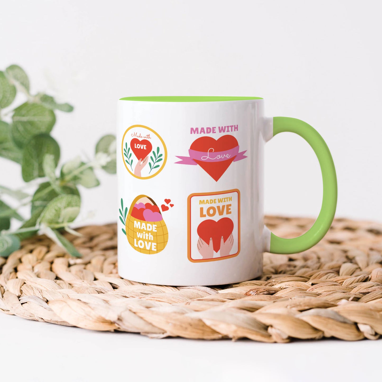 Hand drawn made with love floral label design Light Green Handle 330 ml Coffee Mug