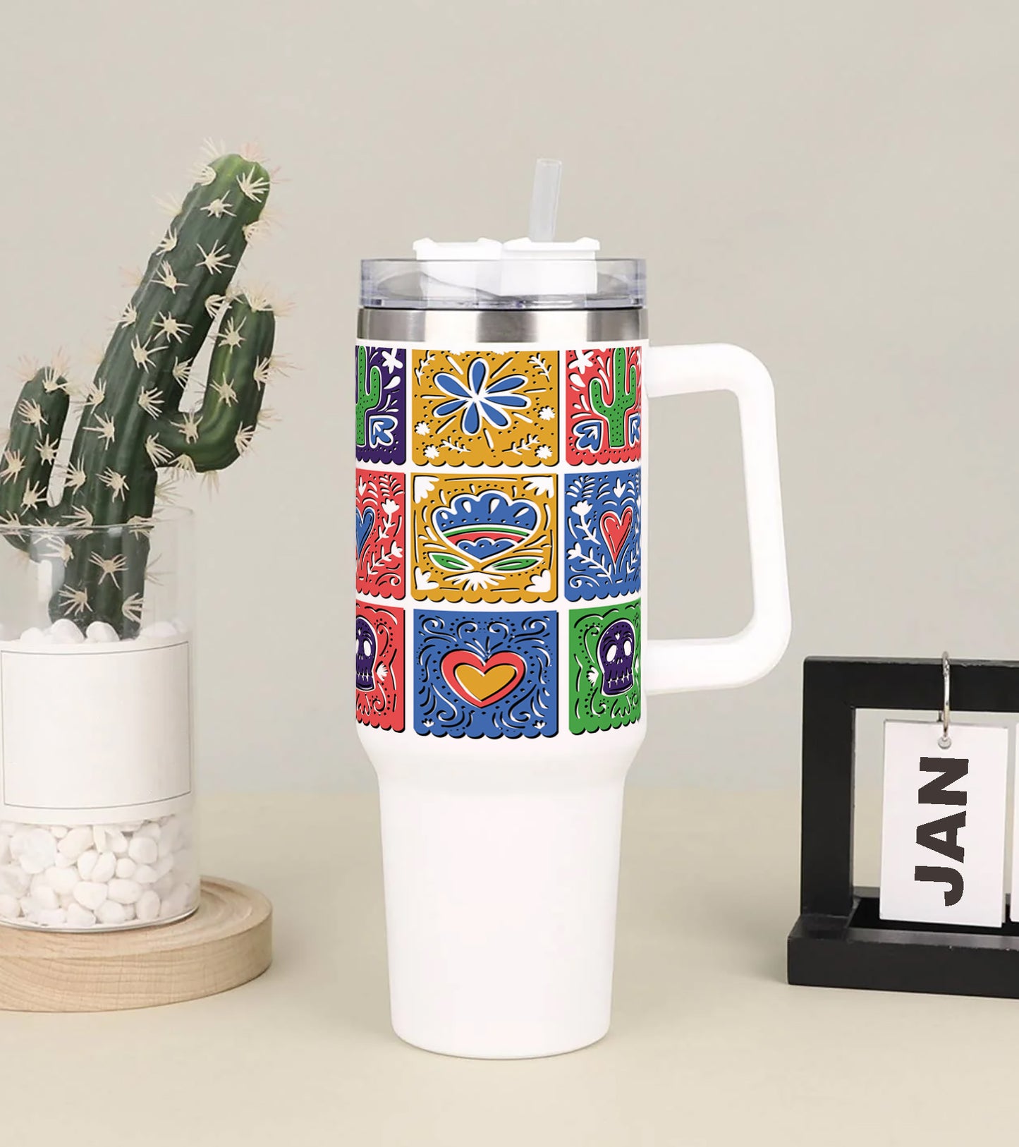 Mexican bunting design Printed 850ML with Lid Leak Proof Big Travel Tumbler with Handle and Straw