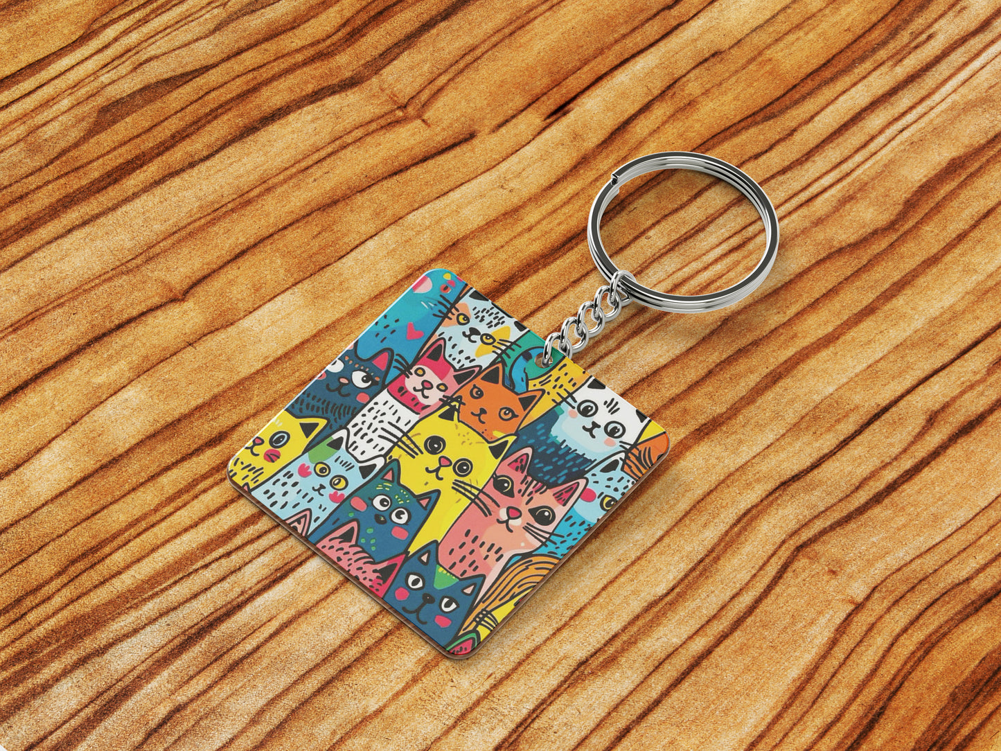 Colorful cat doodle art Printed Square Shape Wooden Keyring with Chain