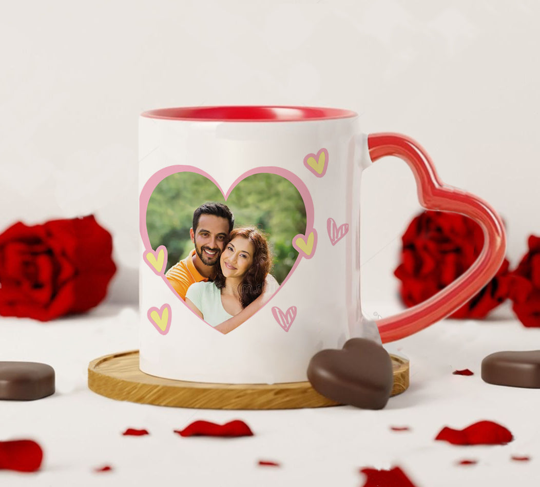 Couple Customized Add Two Photos Red Heart Handle 330 ml Coffee Mug