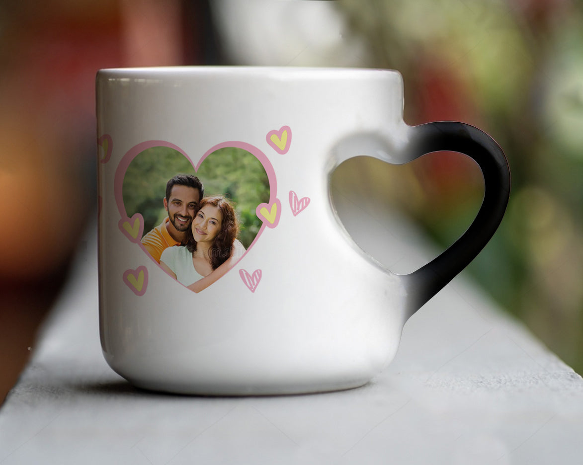 Couple Customized Add Two Photos Magic Inner Heart Cut Handle 330 ml Coffee Mug