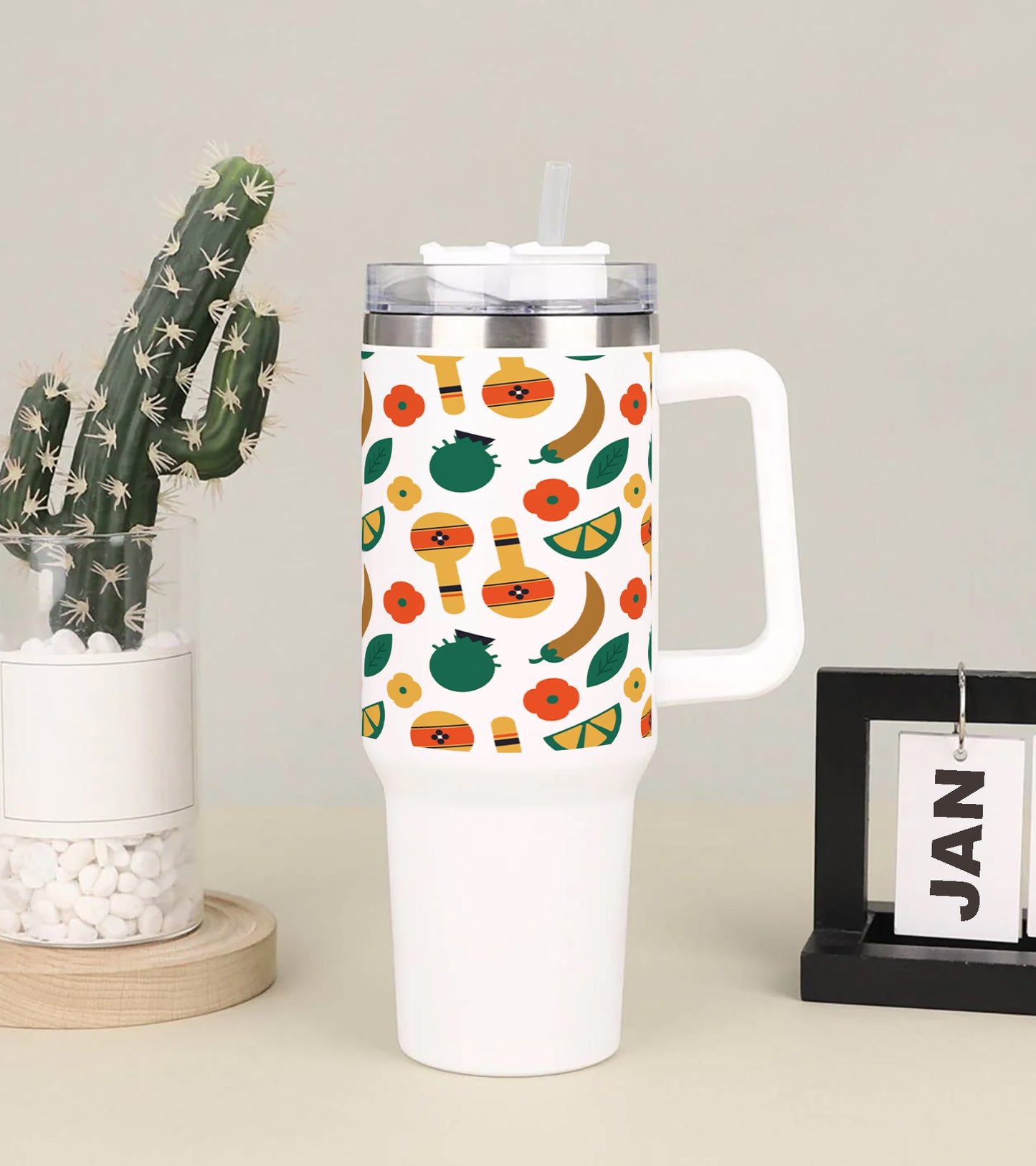 Flat patterns with traditional mexican elements 1 Printed 850ML with Lid Leak Proof Big Travel Tumbler with Handle and Straw