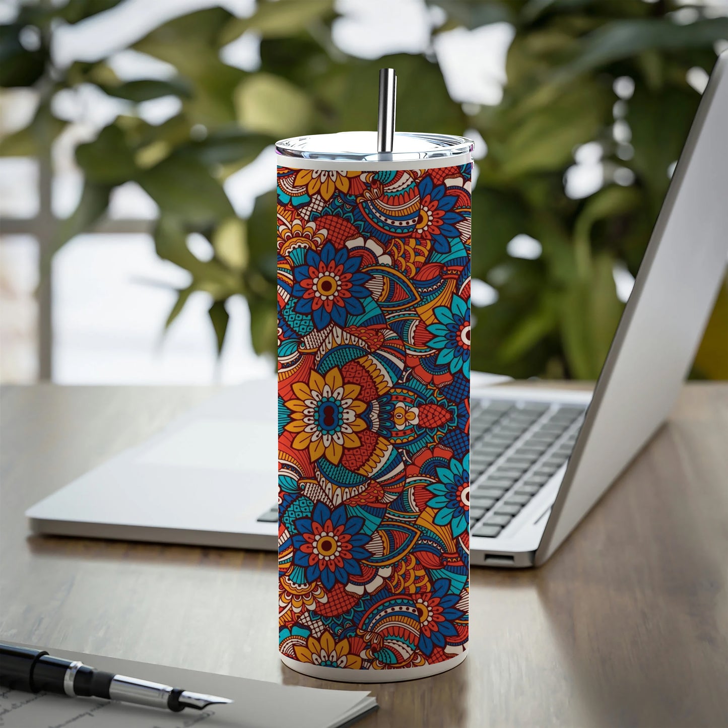 Hand drawn floral elements colorful ethnic seamless pattern Printed 750ML with Lid Leak Proof Travel Tumbler with Straw