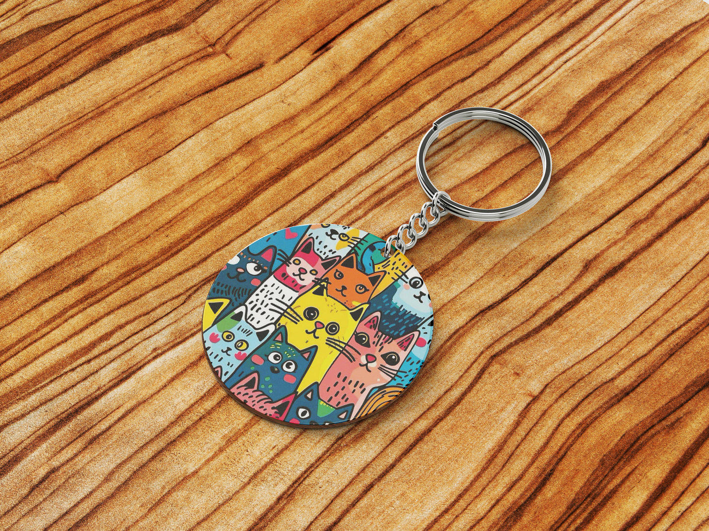 Colorful cat doodle art Printed Round Circle Shape Wooden Keyring with Chain