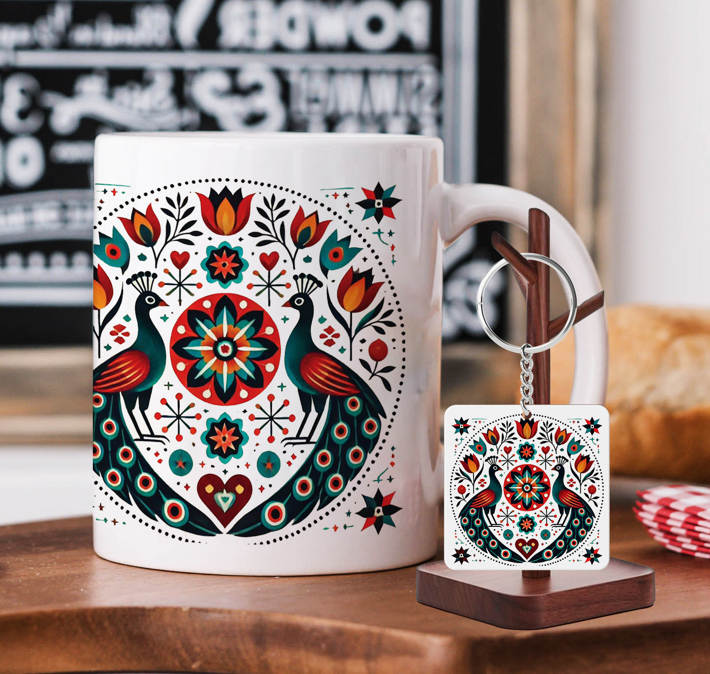 Pennsylvania Folk Art Pattern Printed 330 ml White Coffee Mug with Square Shape Wooden Keyring and Chain
