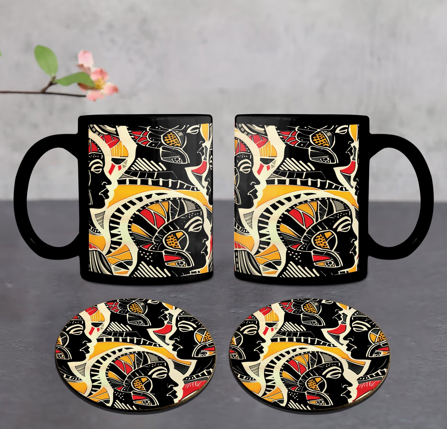 African Style Vector illustration Combo Mugs and Coaster(Set of 2 Mugs and 2 coasters) 330 ml Full Black Coffee Mug