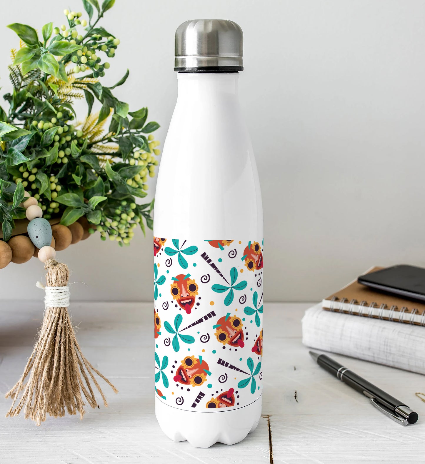African tribe mask and flowers pattern Cola Bottle 500ml School Bottle, Picnic Bottle, Leak Proof