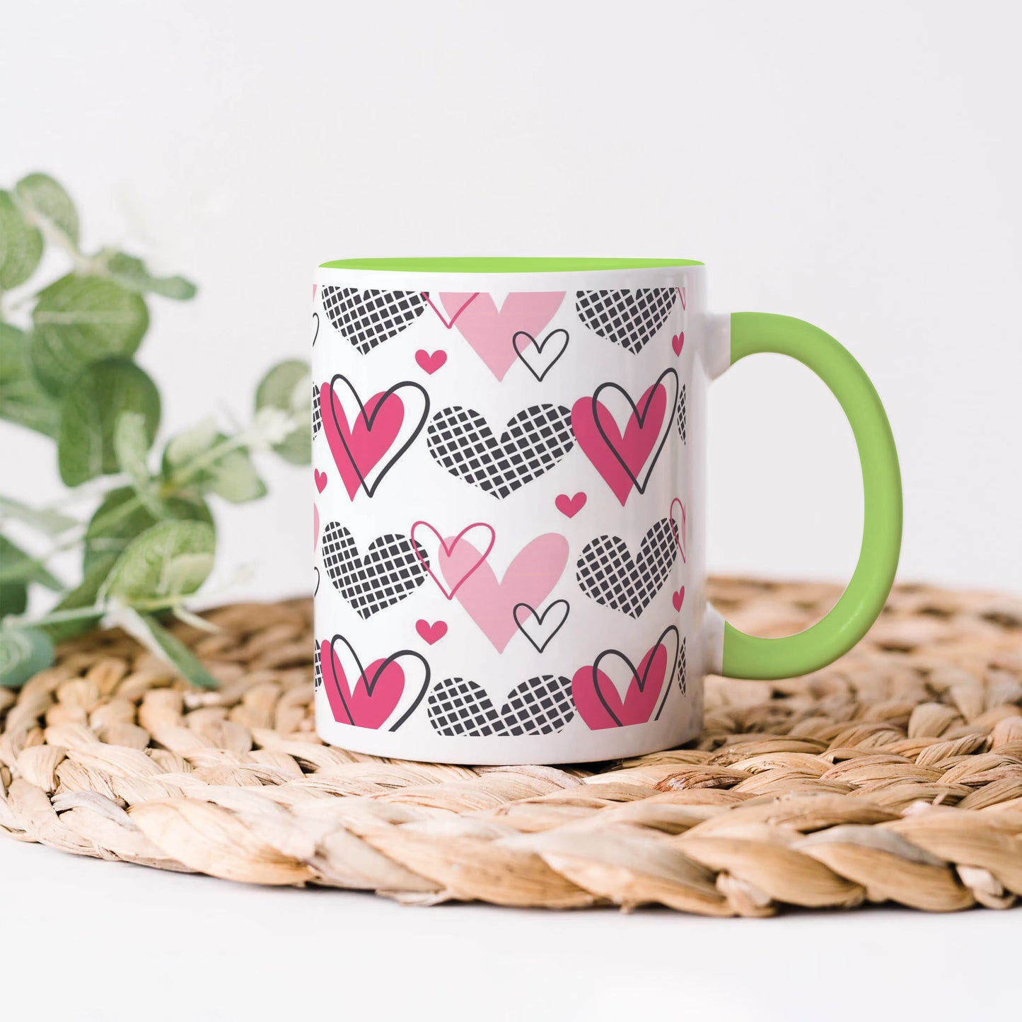 Hearts Pattern design Light Green Handle 330 ml Coffee Mug