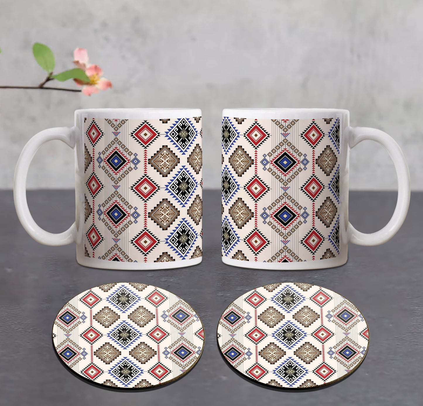 Geometric Ethnic vector pattern Combo Mugs and Coaster(Set of 2 Mugs and 2 coasters) 330 ml Coffee Mug