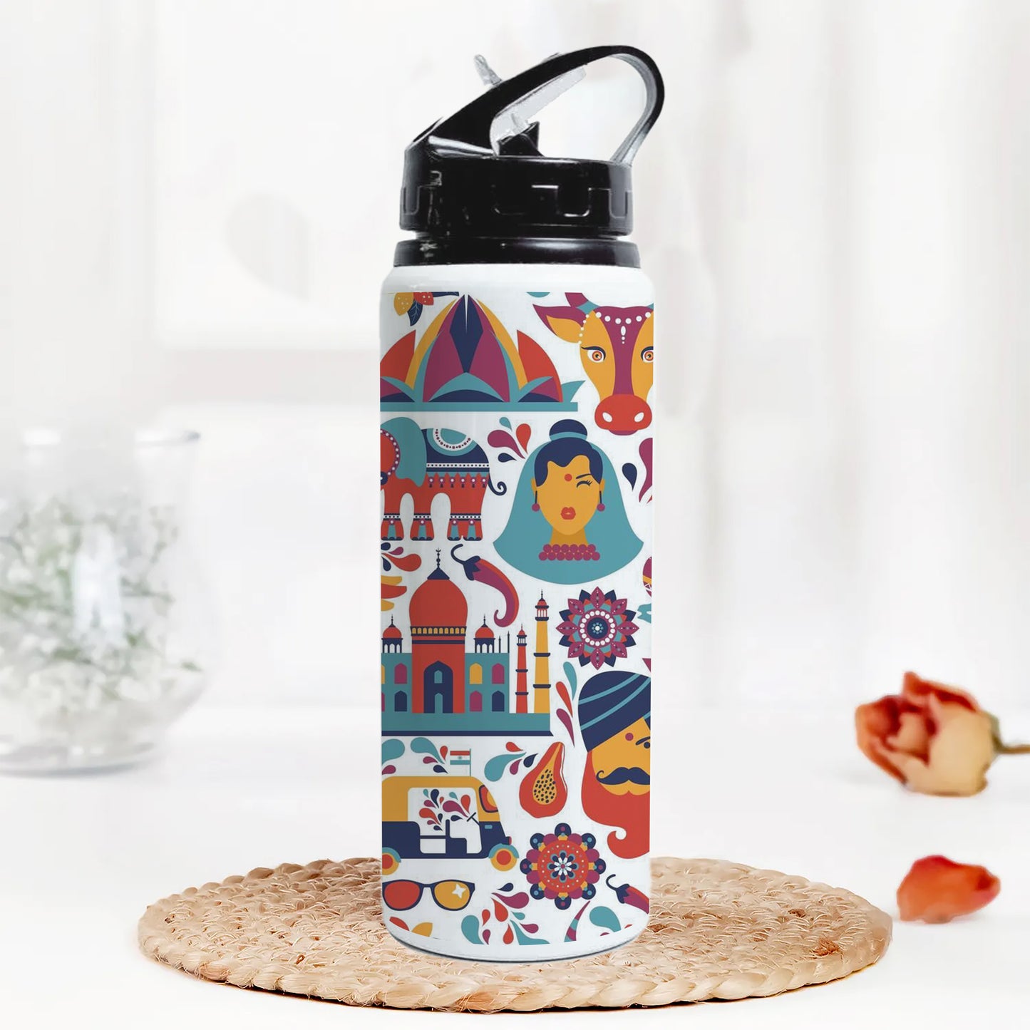 Indian architecture and Asian traditions set Pro Vecto 2 Printed Black Nozzle Water Bottle 750 ml For Gym, Yoga, Kids, Boys, Girls, Brother, Sister, Babies, Baby, Workout, Adults