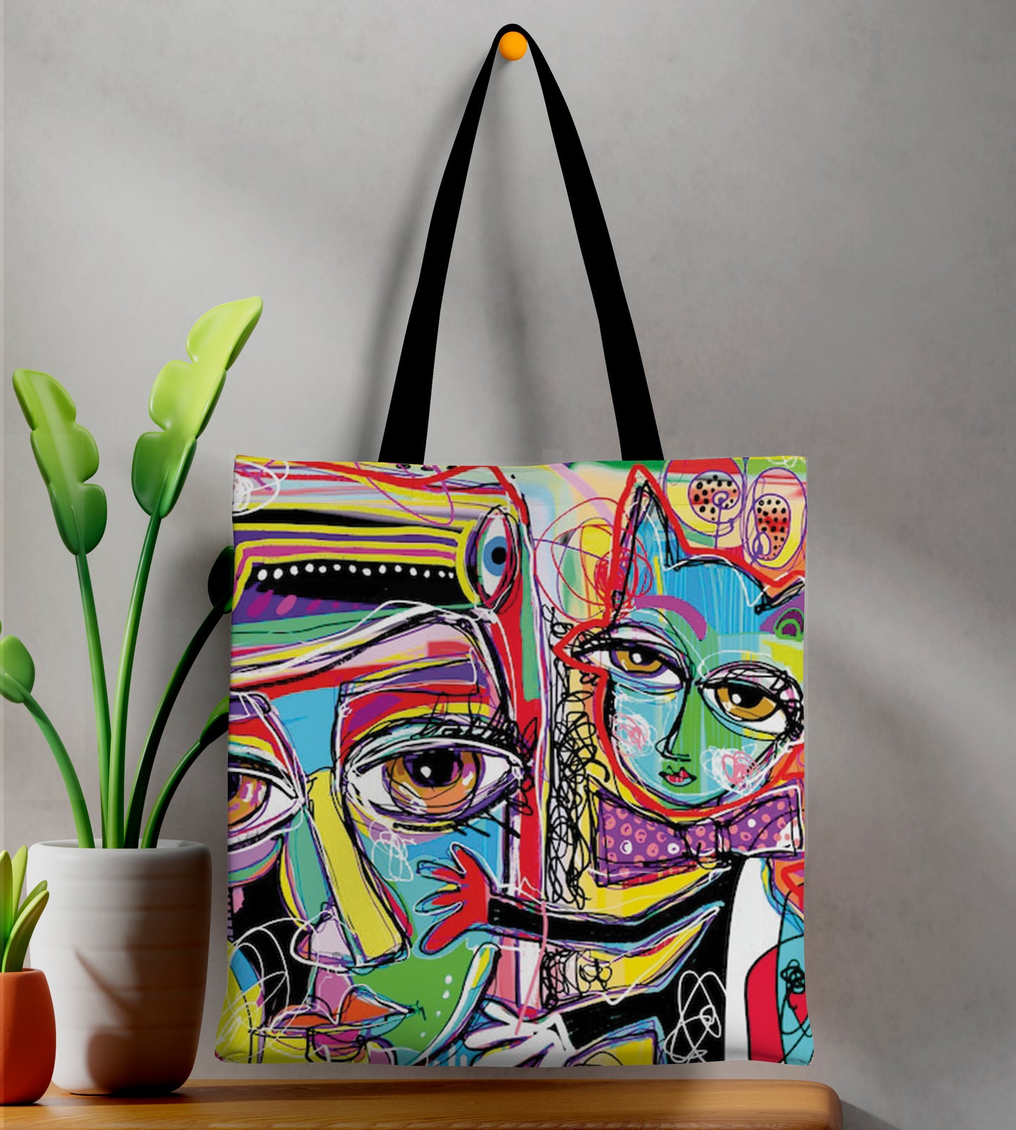 Abstract Digital Painting Printed Black Handle Tote Bag (14 X 16 Inches) For Shopping, College, Travel