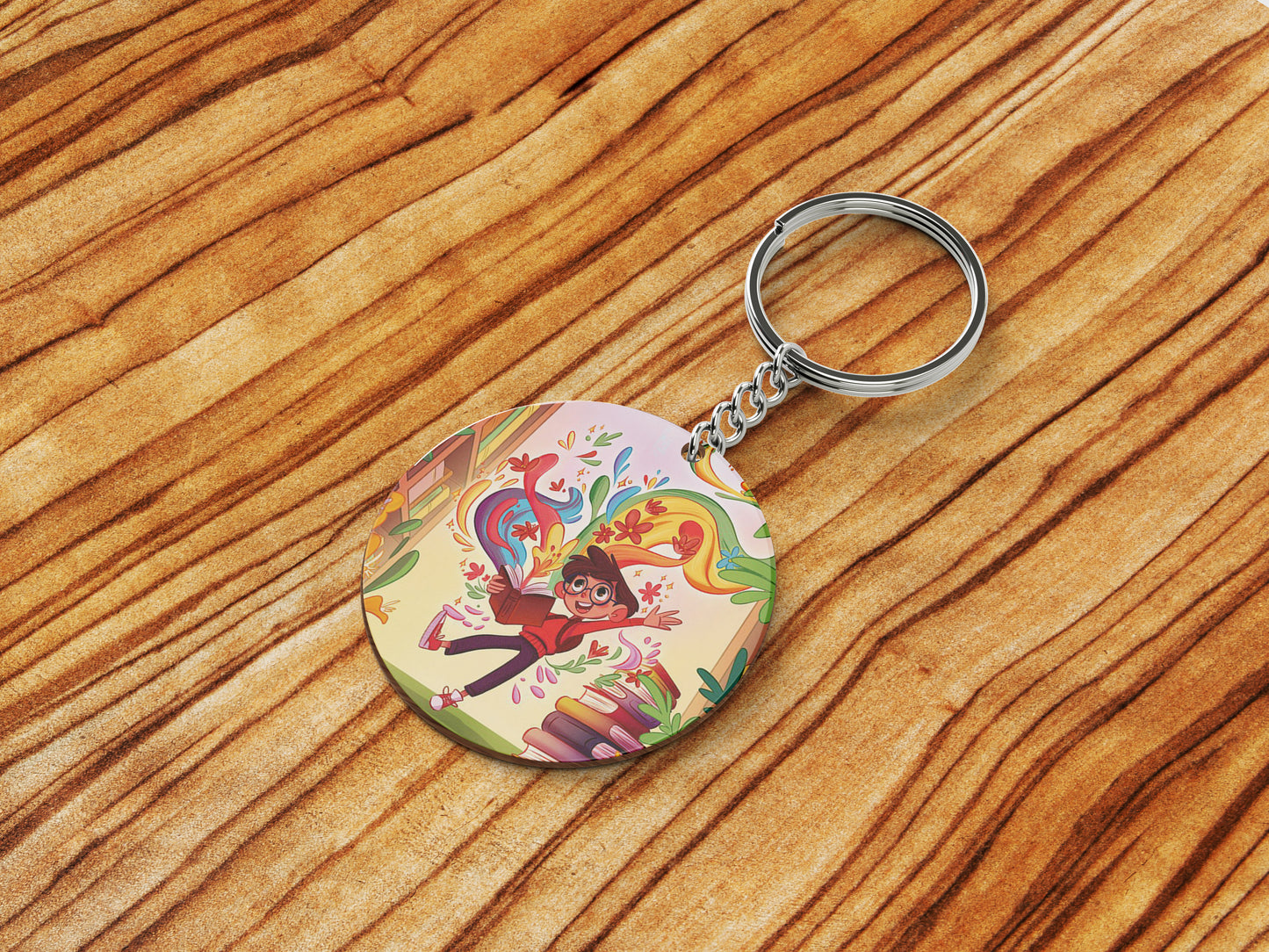 Colorful School Library Books Printed Round Circle Shape Wooden Keyring with Chain