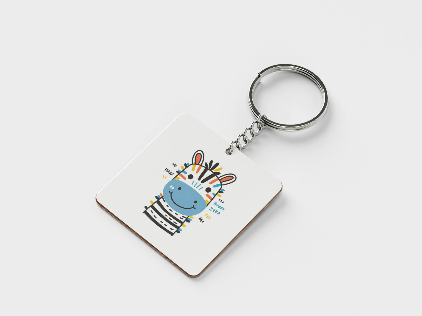 Colorful Standing Zebra Printed Square Shape Wooden Keyring with Chain