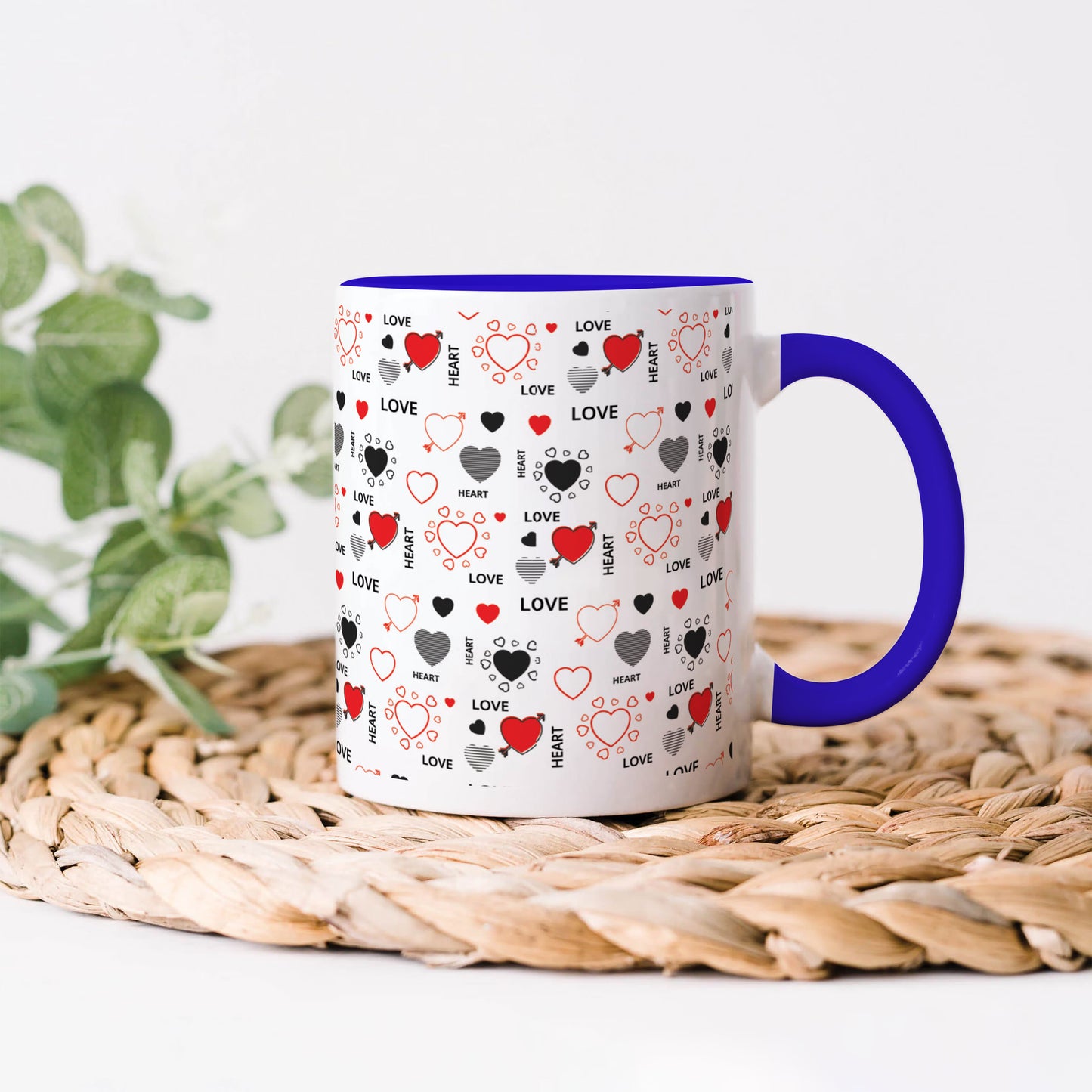 Romantic Hand Drawn Elements With Love Lettering design Dark Blue Handle 330 ml Coffee Mug