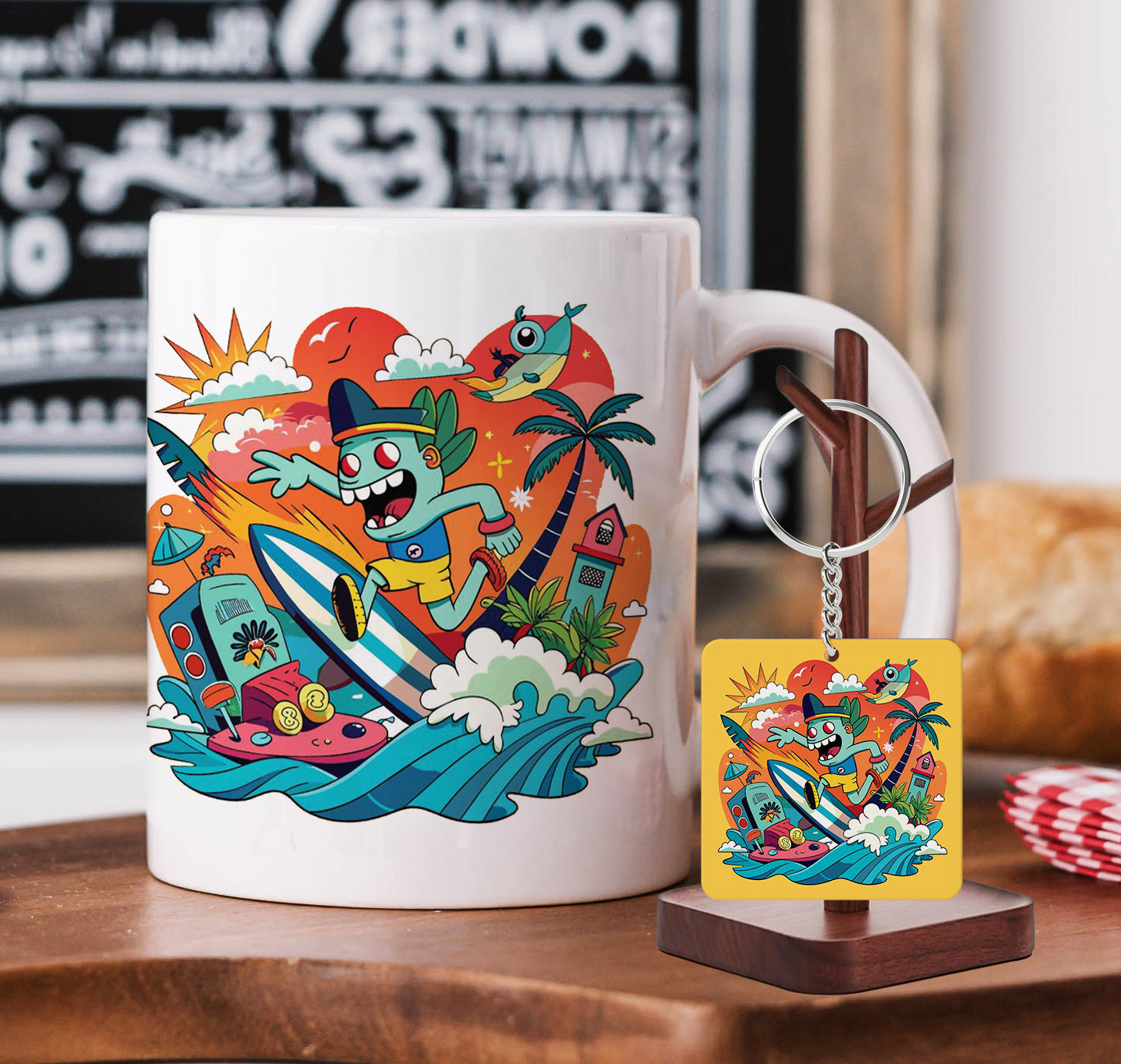 Humorous Pop Culture Pattern Printed 330 ml White Coffee Mug with Square Shape Wooden Keyring and Chain