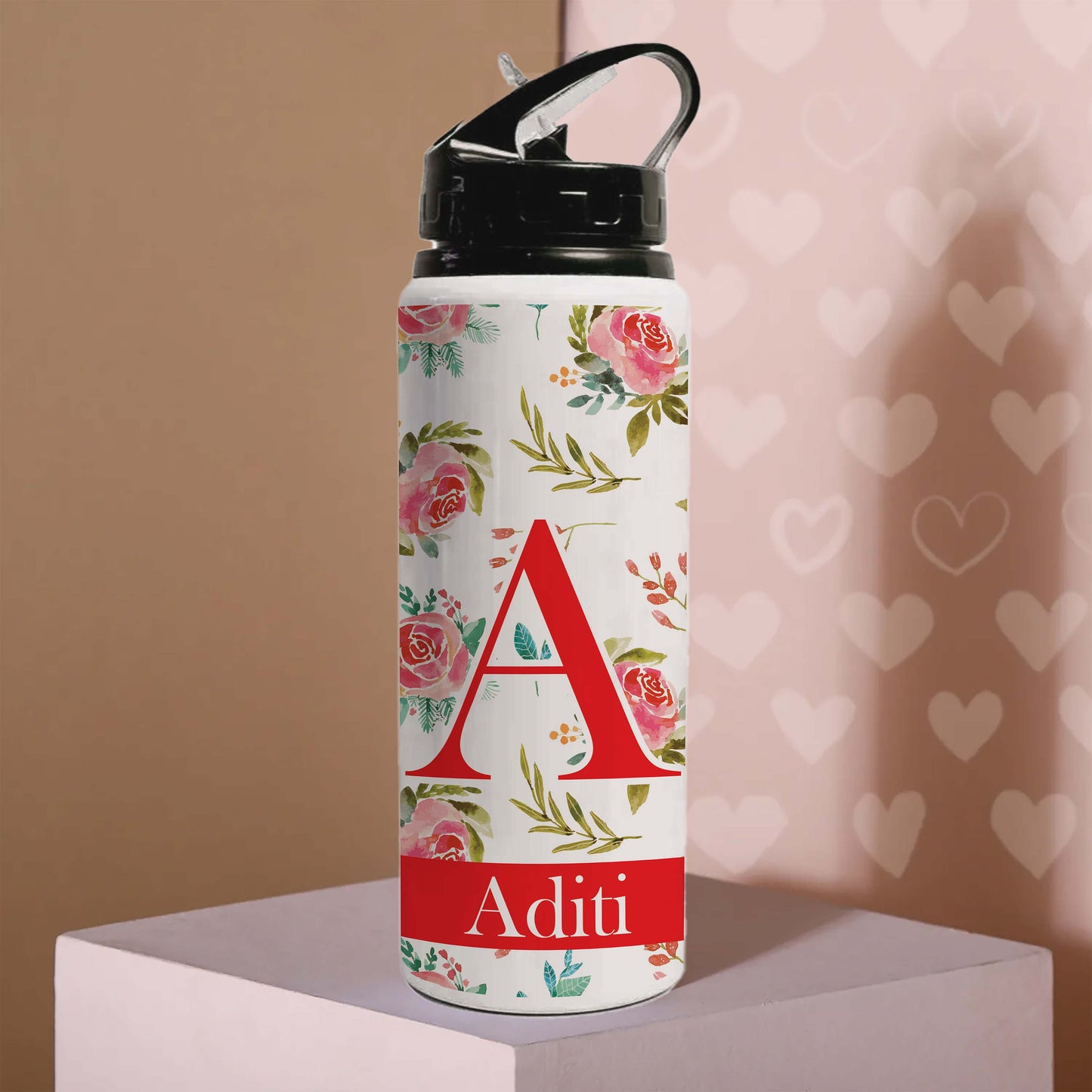 Personalised Floral Water Bottle with Lid & Straw