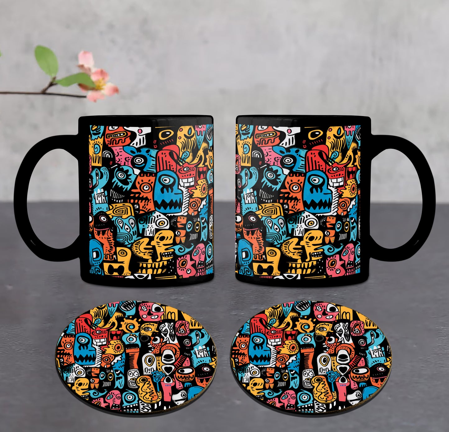 Colorful illustration of Skulls Combo Mugs and Coaster(Set of 2 Mugs and 2 coasters) 330 ml Full Black Coffee Mug