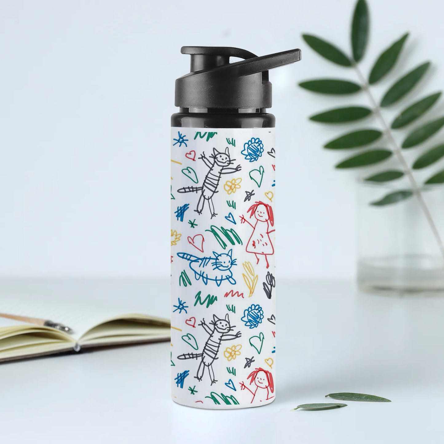 Seamless Pattern with Kids Illustrations Printed Eagle Shape Water Bottle 750 ml For Gym, Yoga, Kids, Boys, Girls, Brother, Sister, Babies, Baby, Workout, Adults
