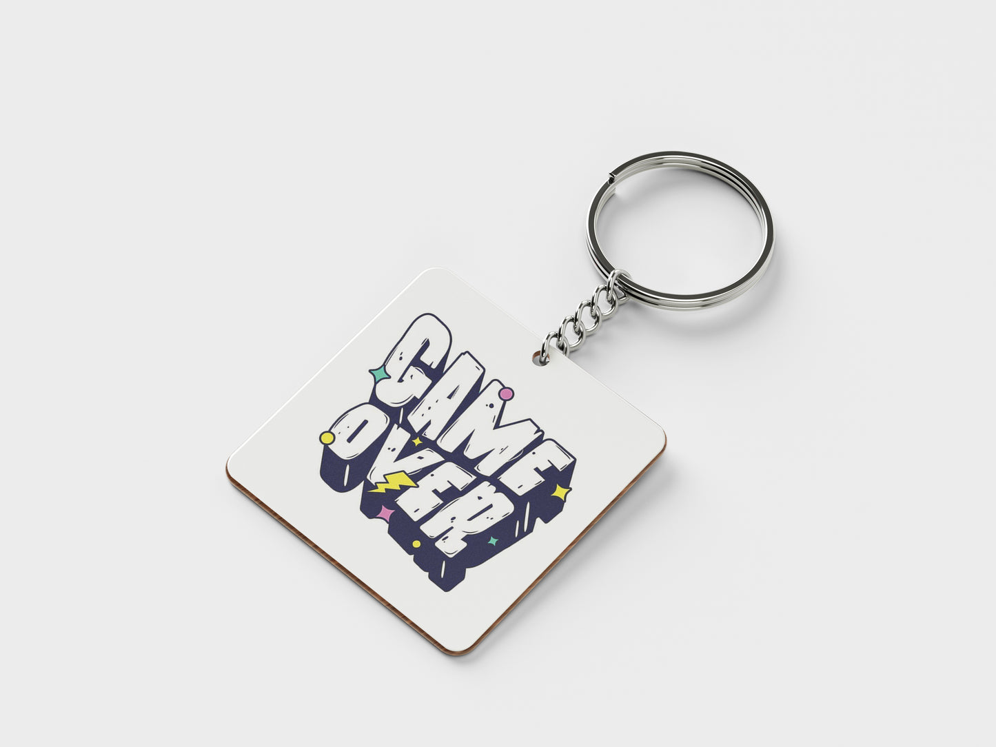 Game Over Digital Graphic Design Printed Square Shape Wooden Keyring with Chain