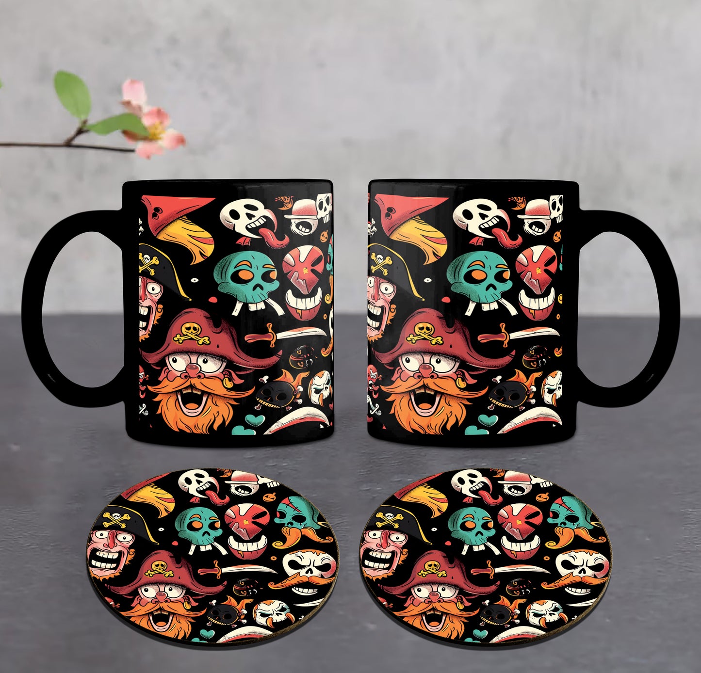 Cartoon Characters Pirate Combo Mugs and Coaster(Set of 2 Mugs and 2 coasters) 330 ml Full Black Coffee Mug