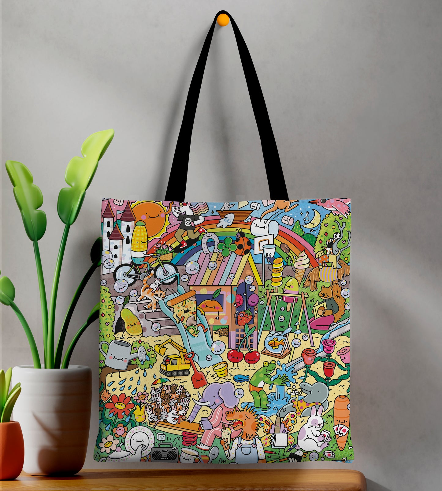 Cartoon Doodle Art Design Printed Black Handle Tote Bag (14 X 16 Inches) For Shopping, College, Travel