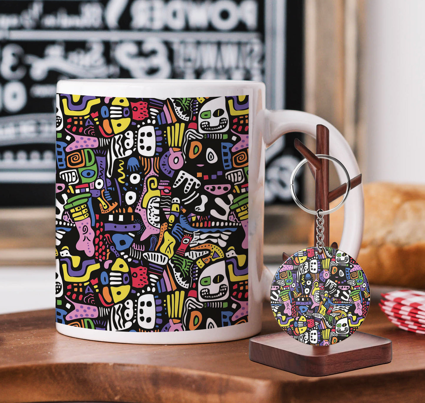 Colorful Cartoon Characters Design Mug and Keychain Combo 330 ml Coffee Mug