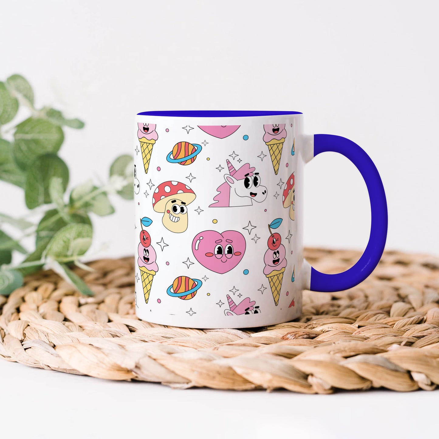 Hand drawn flat trendy cartoon patternDark Blue Handle 330 ml Coffee Mug