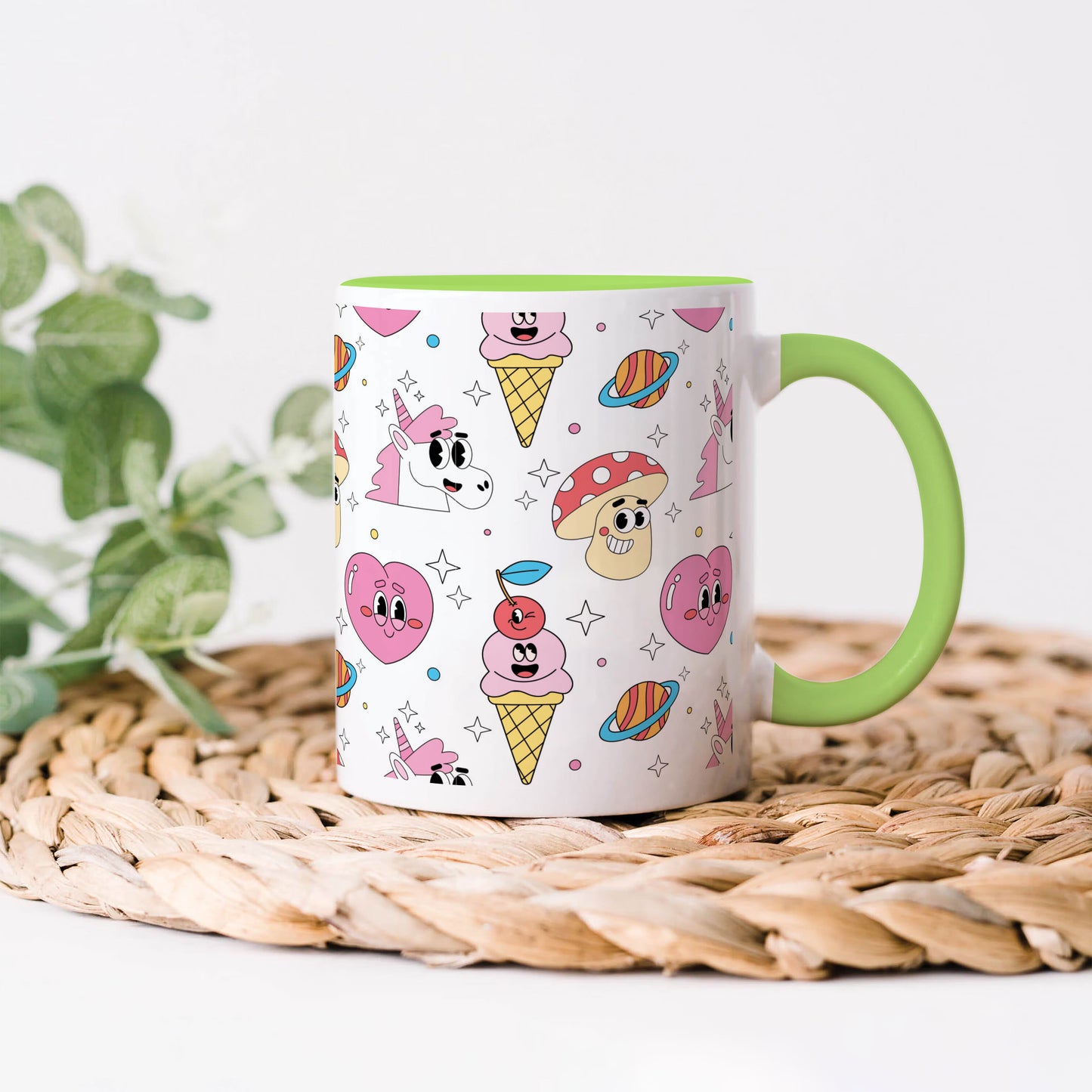 Hand drawn flat trendy cartoon pattern Light Green Handle 330 ml Coffee Mug